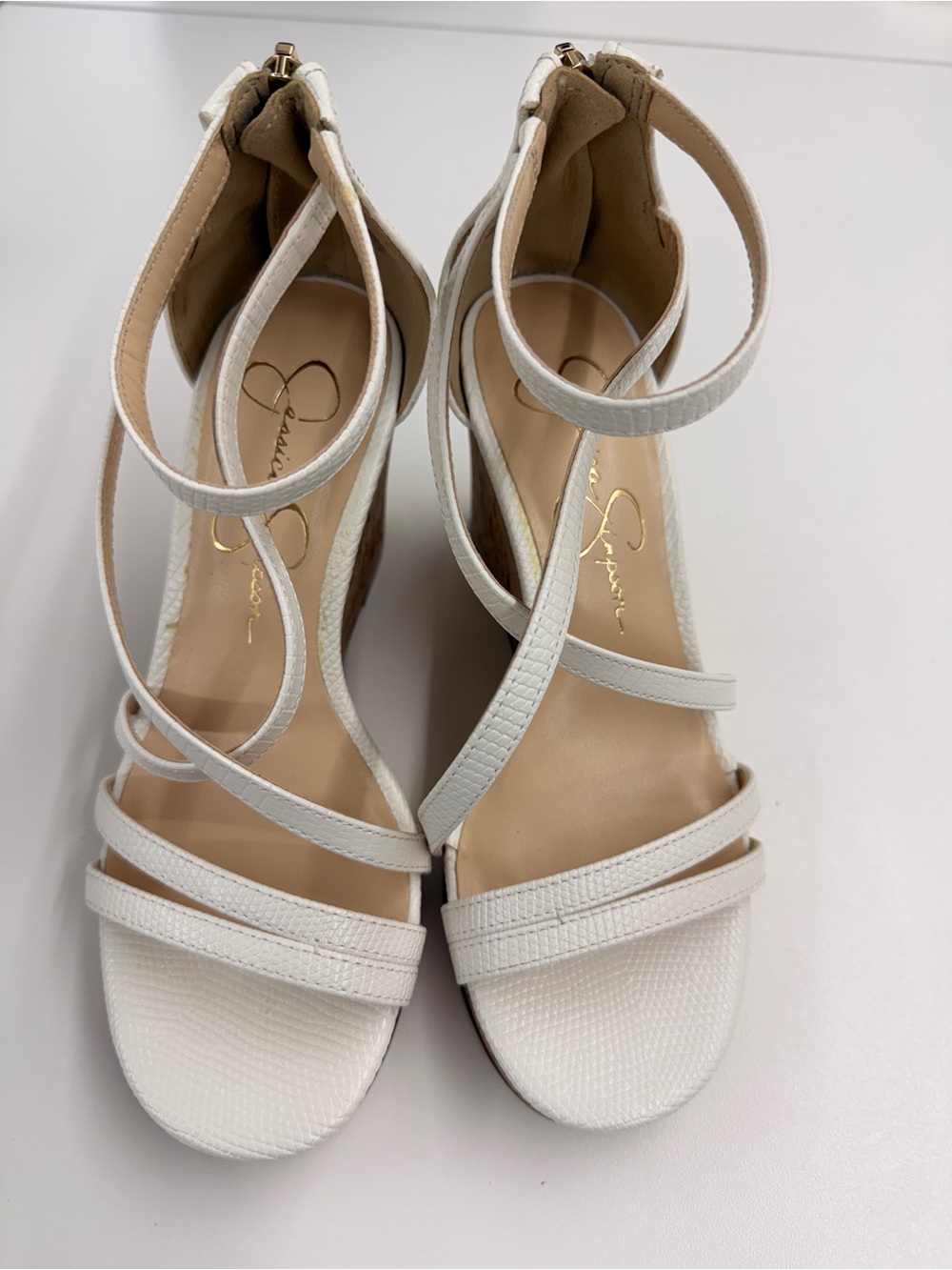 Jessica Simpson White Strappy Ankle-Wrap Wedge Sandals